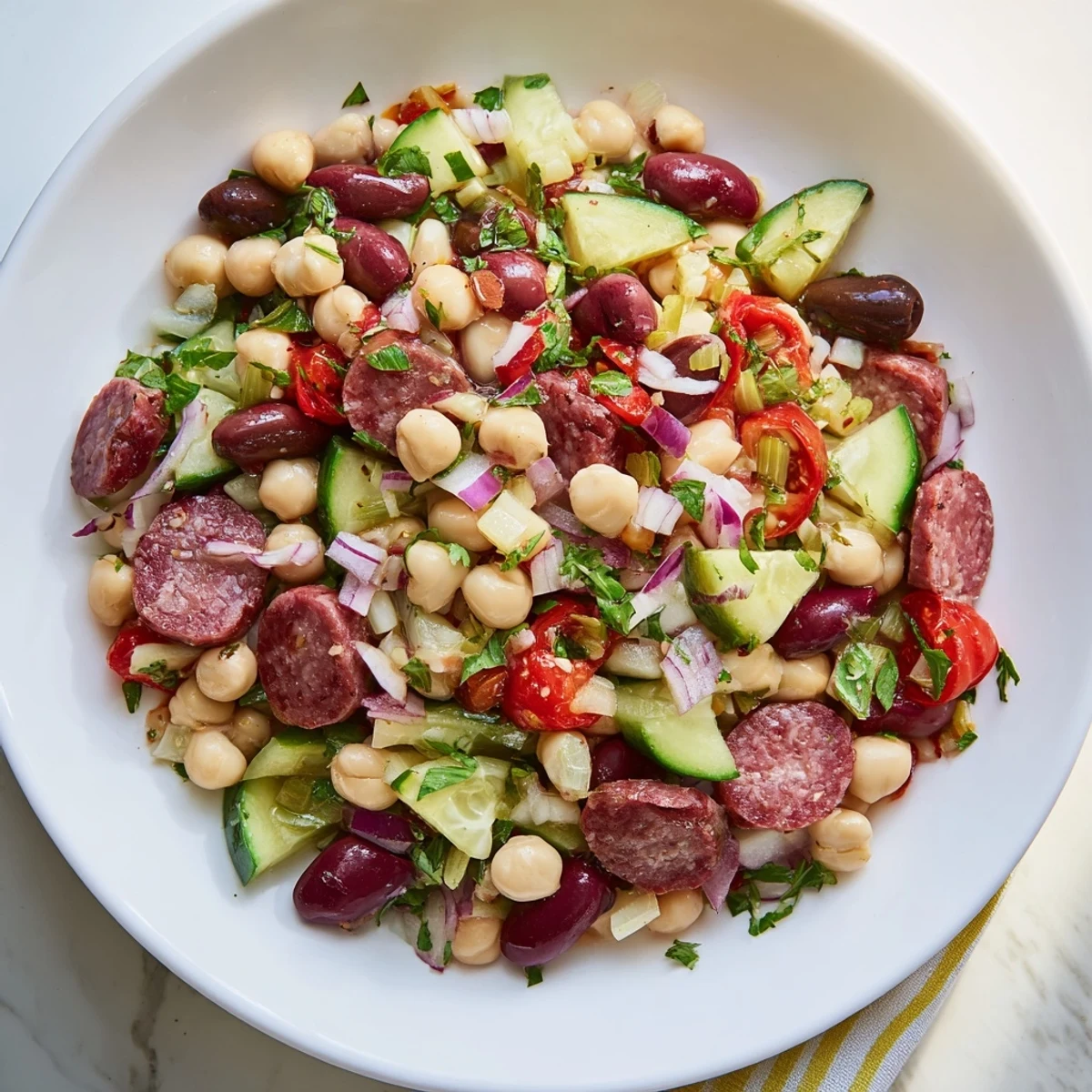 Mediterranean Dense Bean Salad, a colorful mix of beans and salami, ready to serve with fresh herbs.