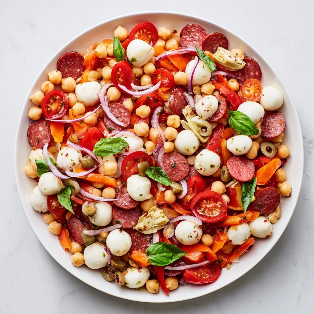 Vibrant Antipasto Chickpea Salad overflowing with colorful veggies, mozzarella pearls, and savory pepperoni.