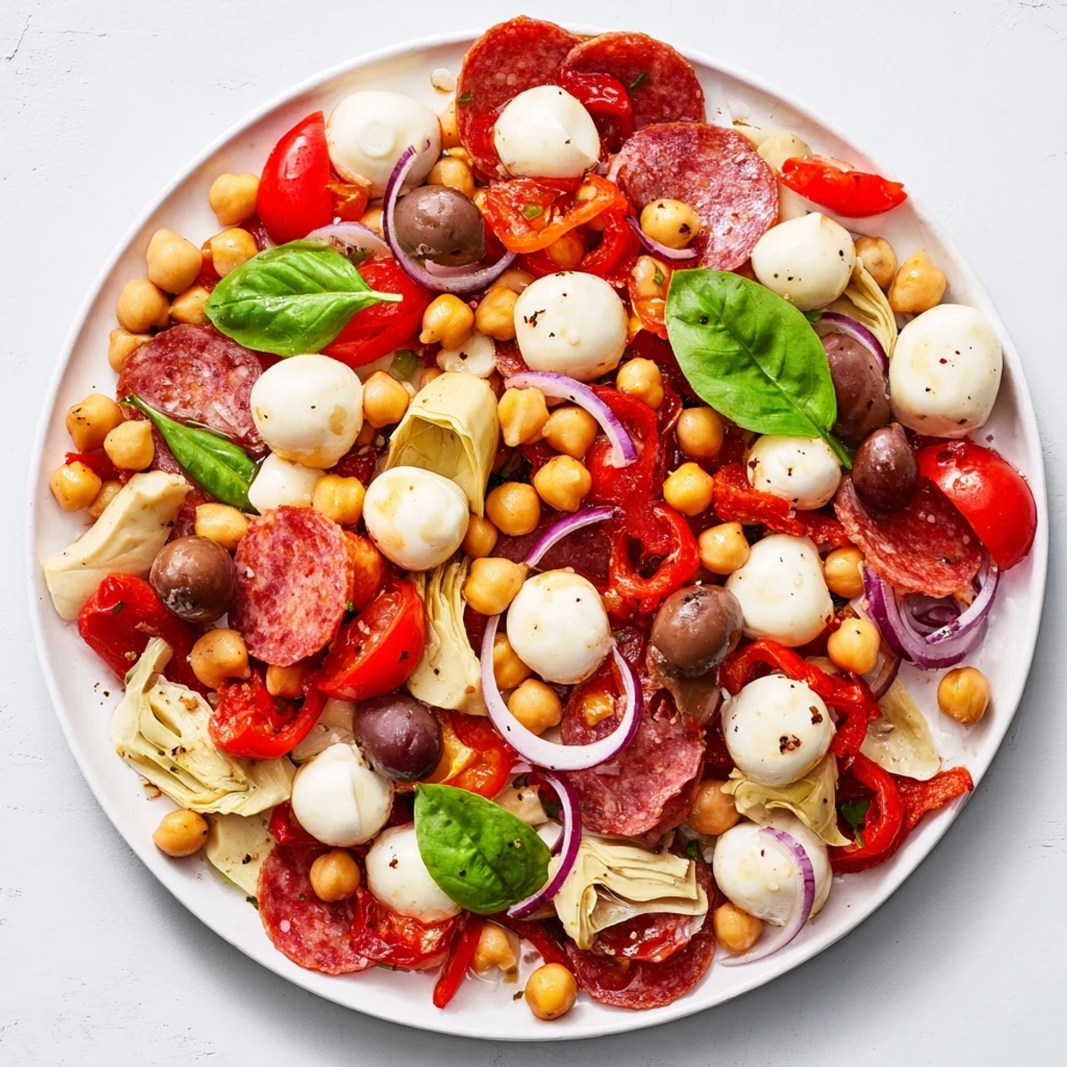 Enjoy a refreshing scoop of this delicious Antipasto Chickpea Salad, perfect for a light lunch!