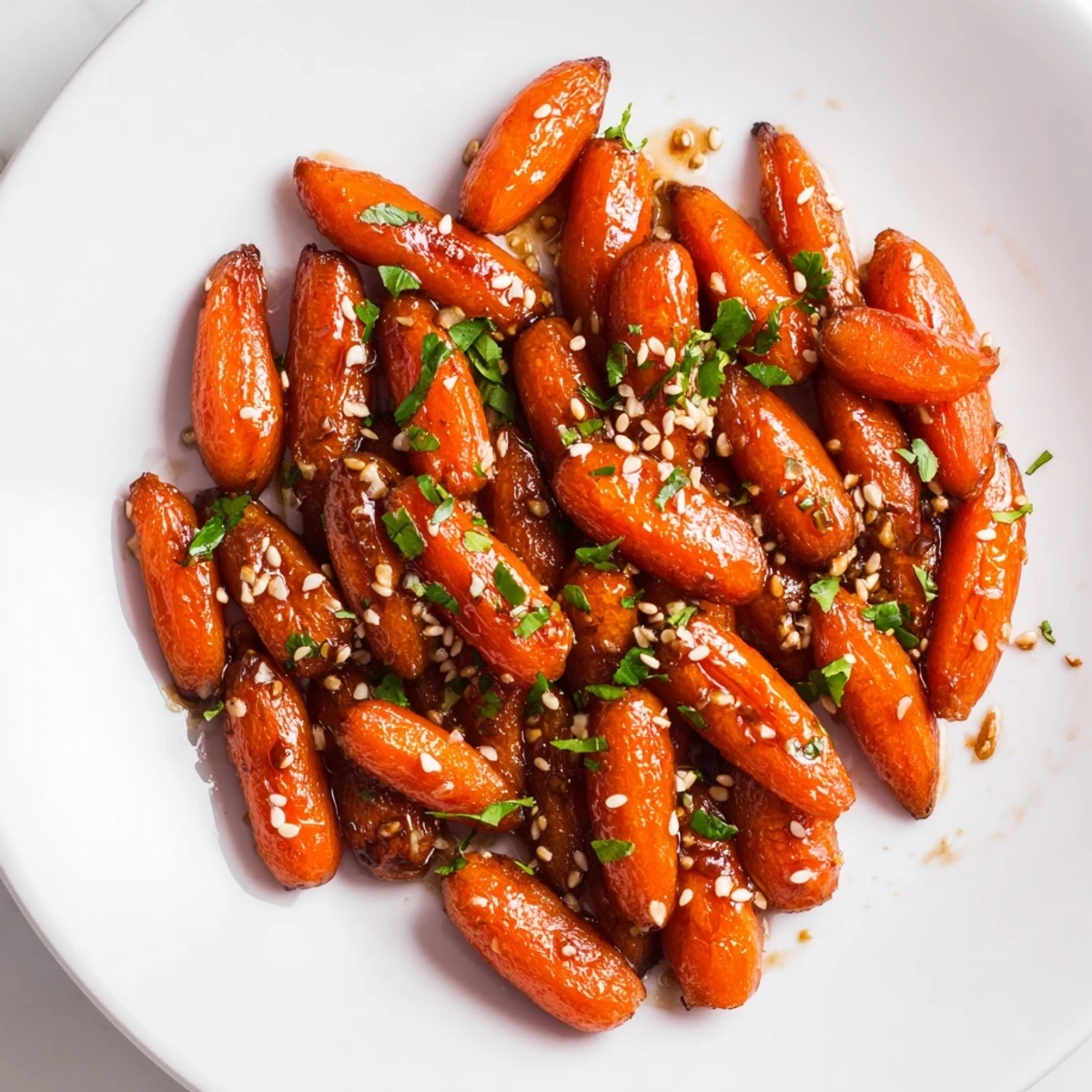 Golden, glazed Honey Soy Roasted Carrots, showcasing tender, caramelized baby carrots as a side dish.