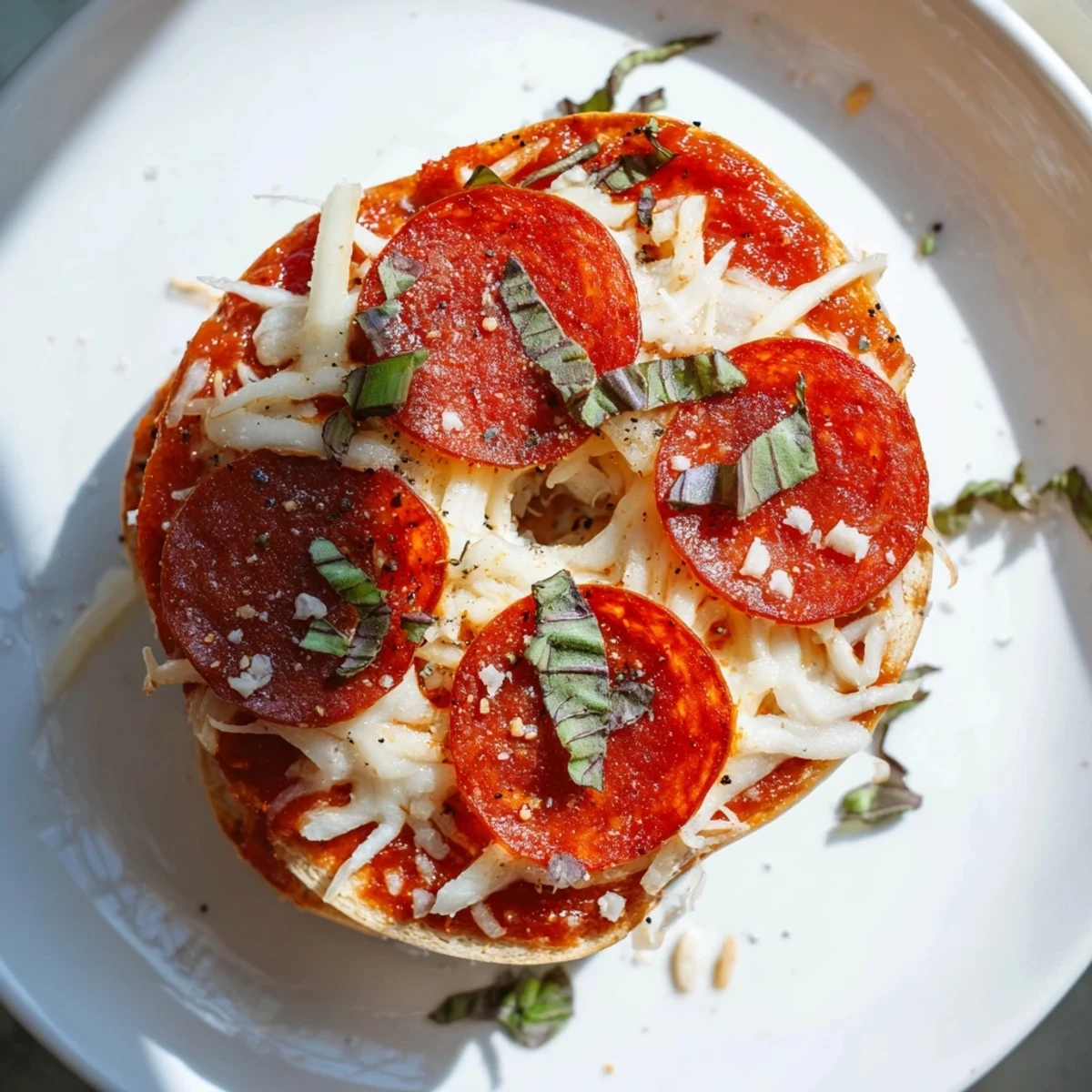 Mini Pepperoni Pizza Bagels are shown, freshly baked with melted cheese and crispy pepperoni.