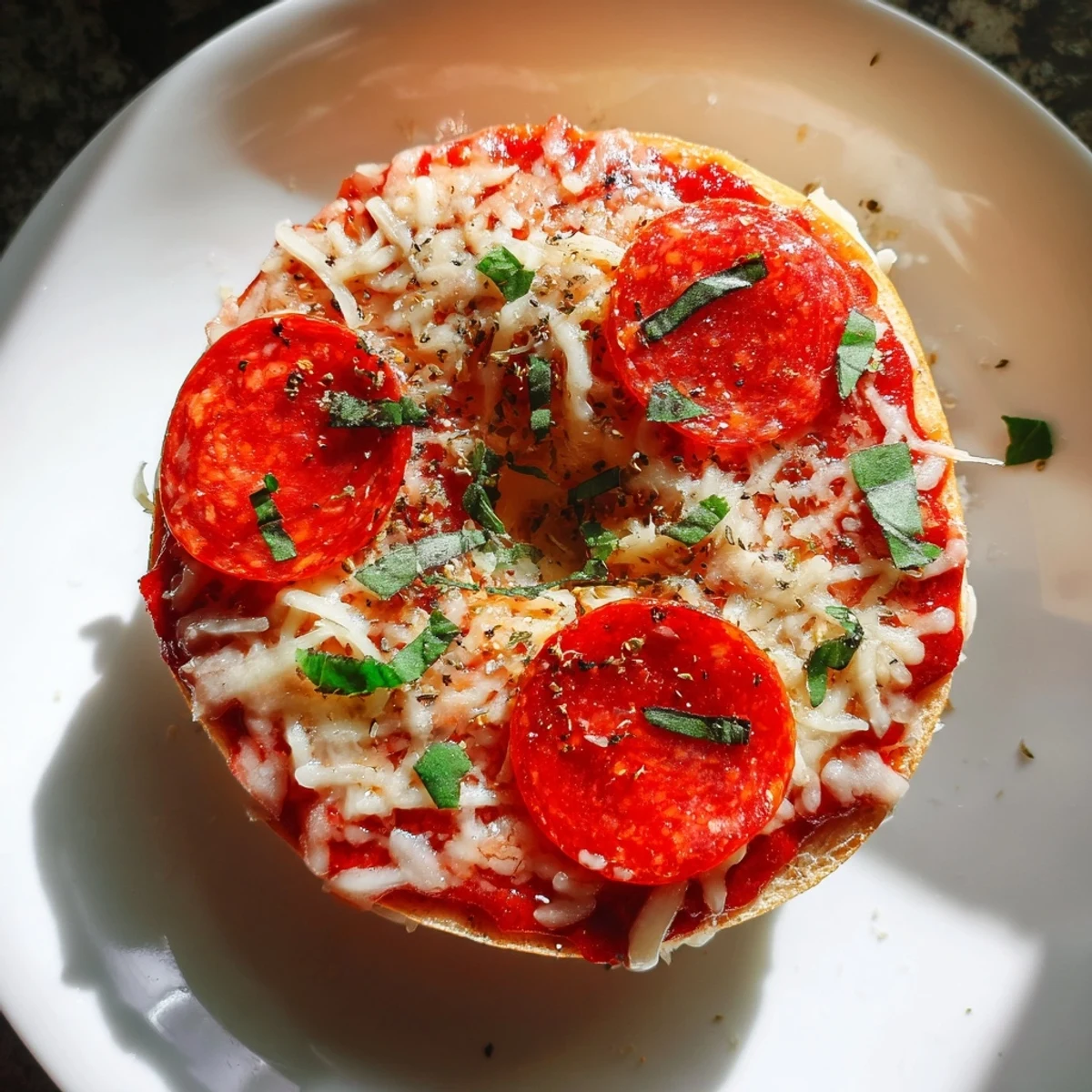 Delectable mini pepperoni pizza bagels, offering a sensory experience with bubbling cheese and warm sauce.