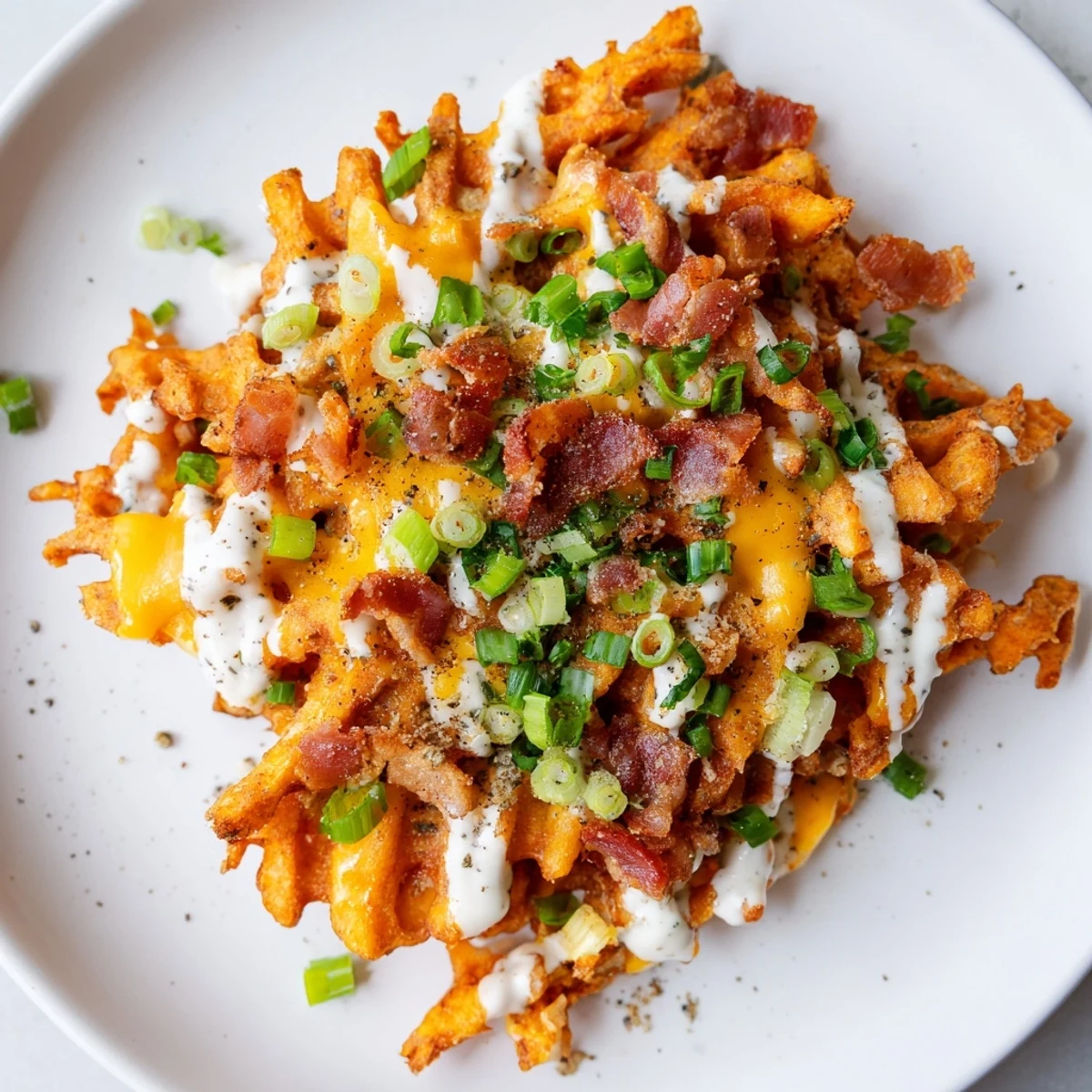 Golden, crispy Loaded Sweet Potato Fries topped with melted cheddar cheese and savory bacon bits.