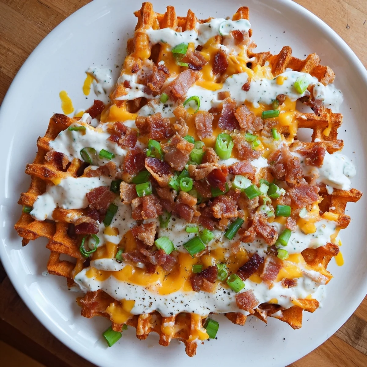 Savory and flavorful Loaded Sweet Potato Fries are ready to serve with melty cheese and a drizzle of ranch.