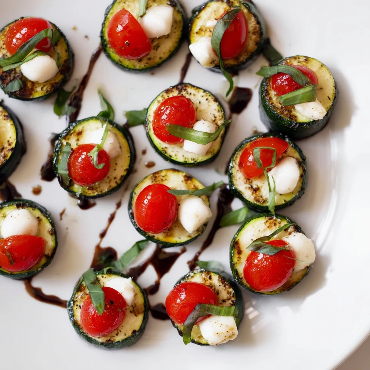 Zucchini Caprese Bites arranged beautifully, boasting fresh mozzarella and vibrant cherry tomatoes, ready to serve.
