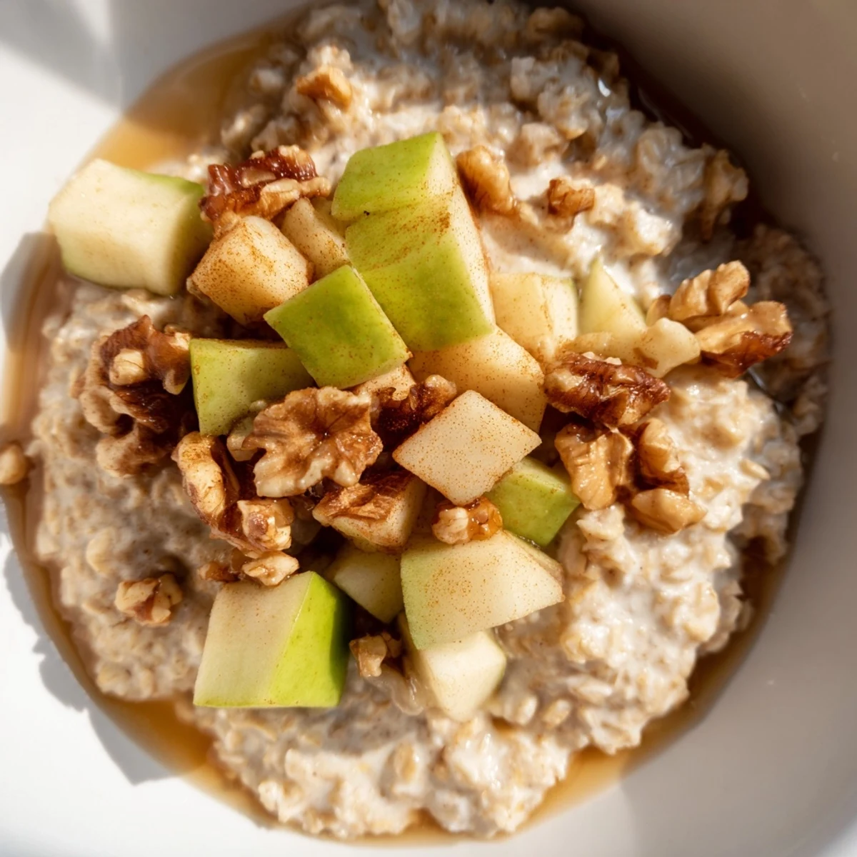 Warm, cinnamon-infused Apple Pie Oatmeal Bowl, topped with caramelized apples and chopped pecans.