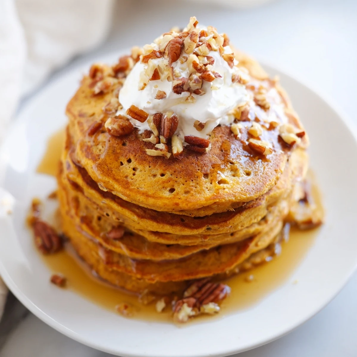 Golden, fluffy pumpkin spice pancakes piled high, ready to be drizzled with maple syrup.