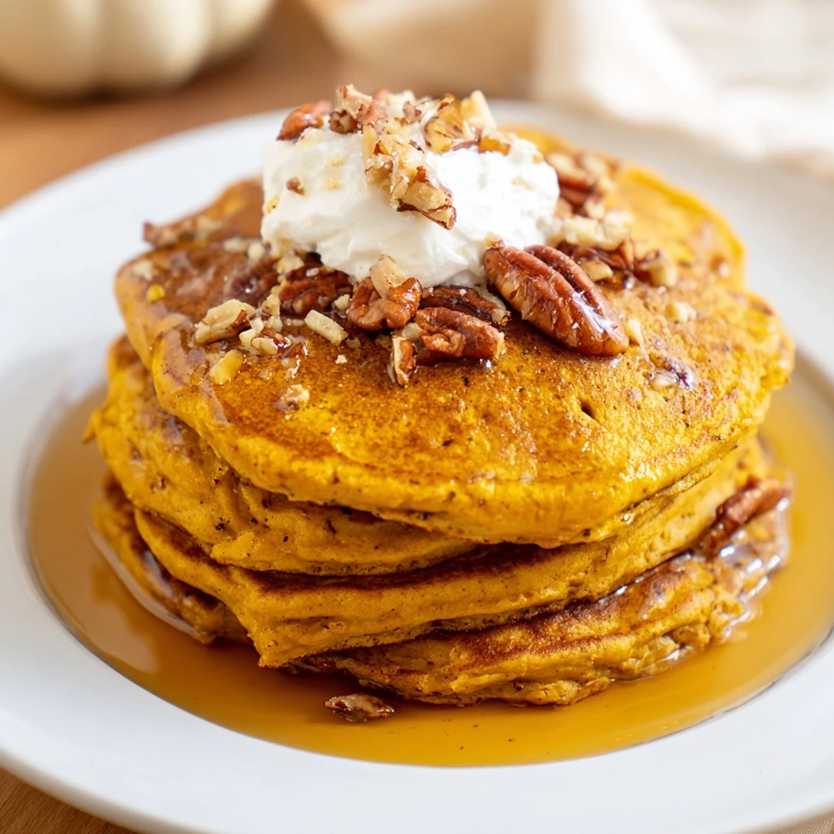 Warm and spiced fluffy pumpkin spice pancakes, cooked to a perfect golden brown for breakfast.