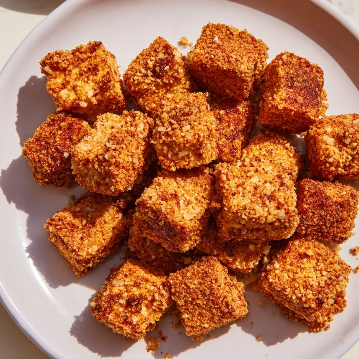 Golden, crispy Popcorn Tofu Bites, ready to enjoy as a flavorful, vegan appetizer with dipping sauce.