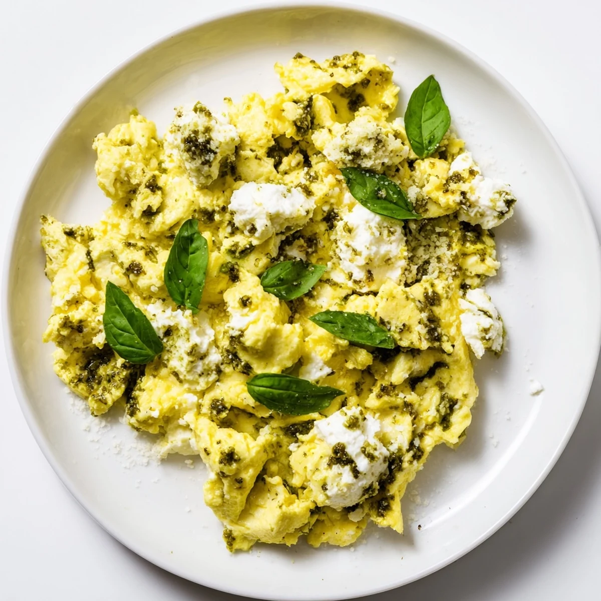 Freshly made pesto cottage cheese eggs speckled with green basil, served for a satisfying, protein-rich breakfast.