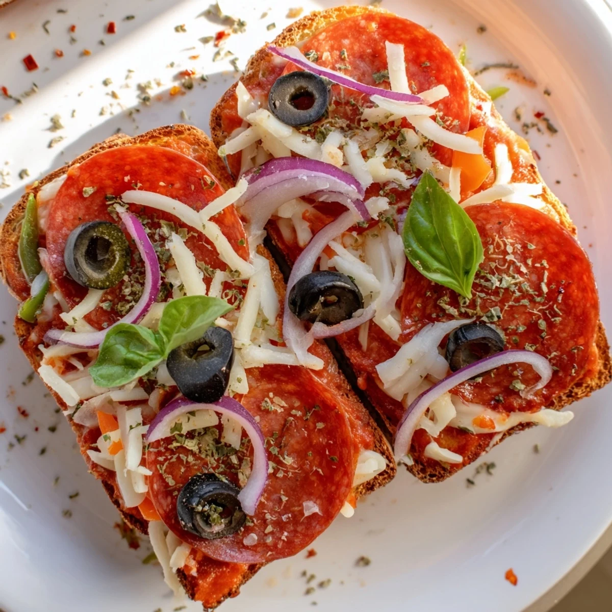 Golden, bubbly Pizza Toast 2.0 with melting cheese and vibrant pepperoni toppings, ready to enjoy.