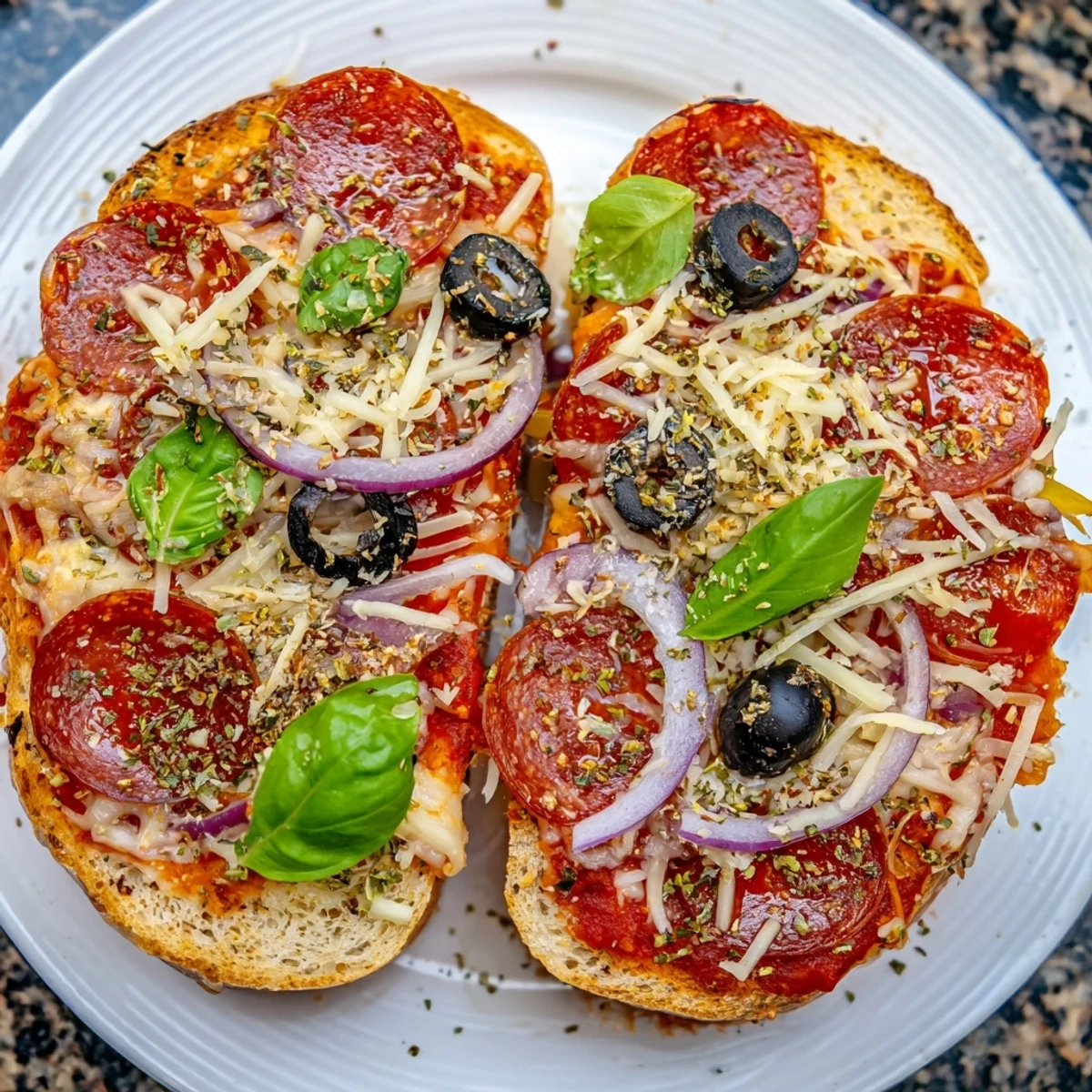 Perfectly broiled Pizza Toast 2.0 topped with melted cheese, fresh basil, and savory tomato sauce, a simple snack.
