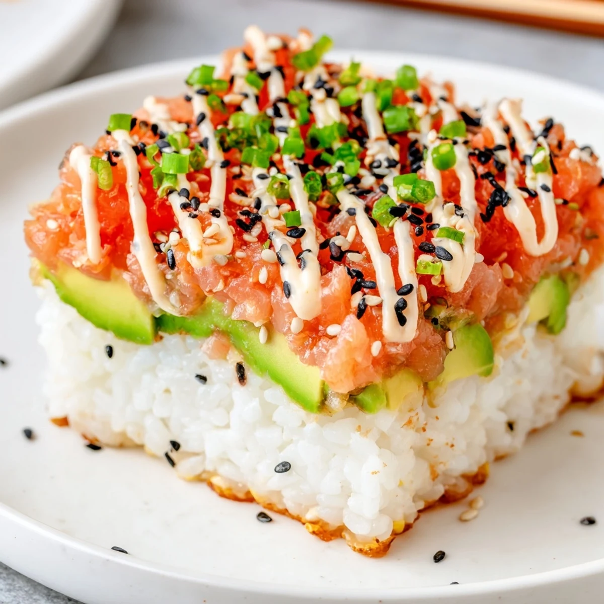 Golden, crispy rice forms the base of this Crispy Rice Salmon Stack, topped with salmon.