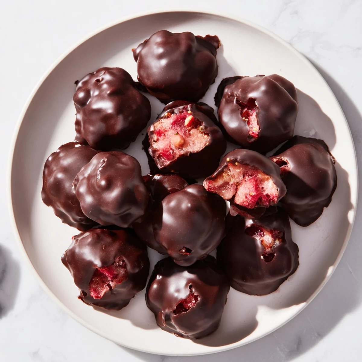 Frozen Strawberry Yogurt Clusters, glistening with melted chocolate, offer a refreshing dessert bite.