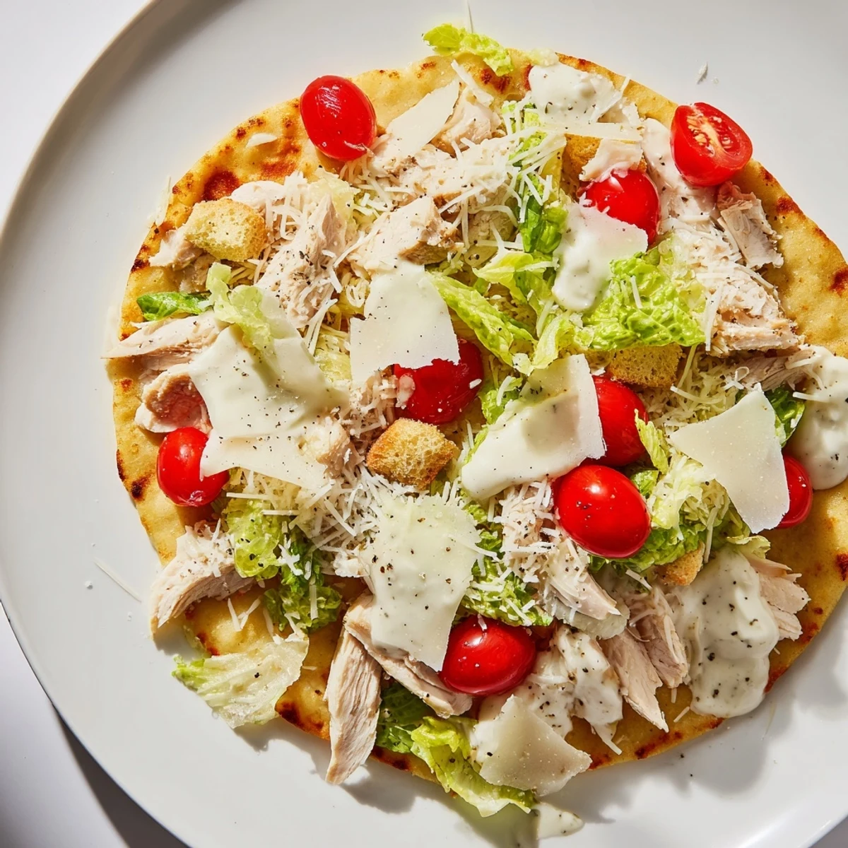 Golden, cheesy Chicken Caesar Flatbread topped with fresh romaine, Parmesan, and juicy tomatoes.