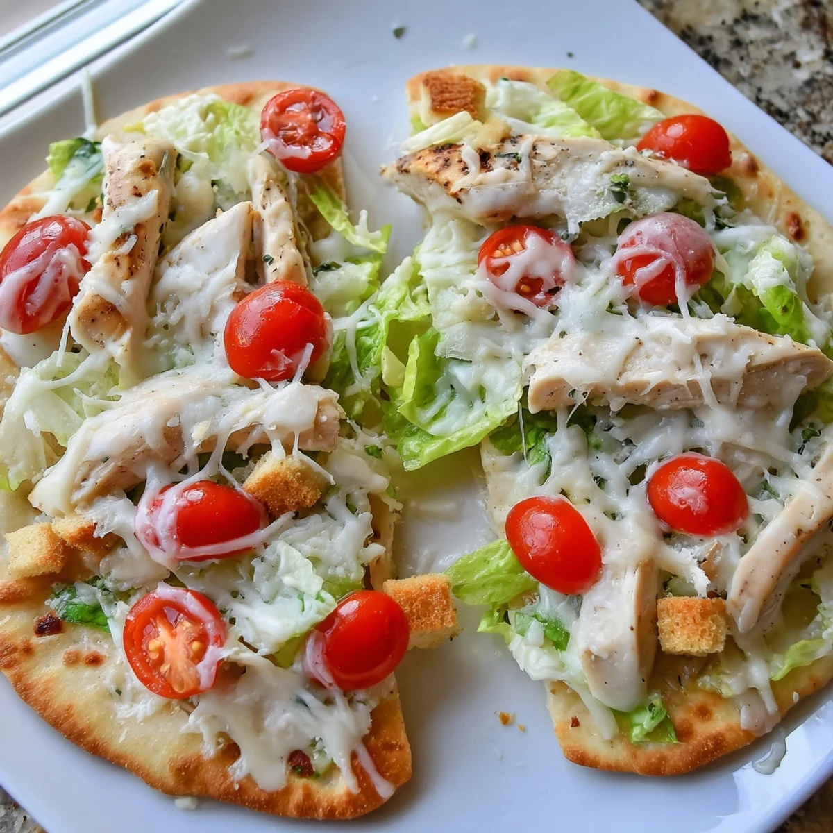 A close-up of a perfectly baked Chicken Caesar Flatbread, ready to slice and enjoy.