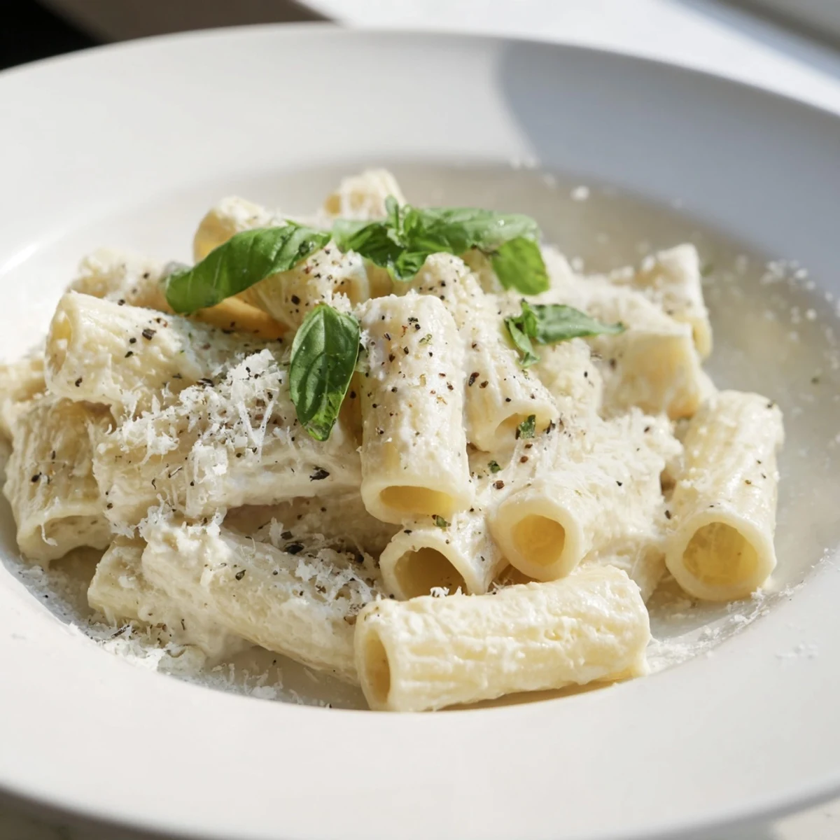 Creamy Cottage Cheese Pasta with fresh basil, ready to eat, a beautiful and savory main dish.