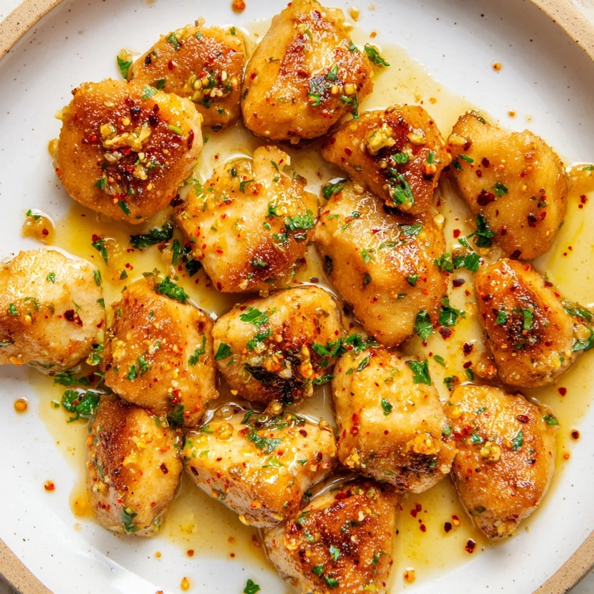 Golden garlic butter chicken bites glistening in a skillet, ready to be tossed in sauce.