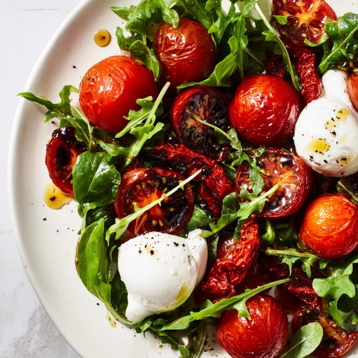 A vibrant Tomato Flight Salad featuring fresh, roasted, and sun-dried tomatoes atop greens.