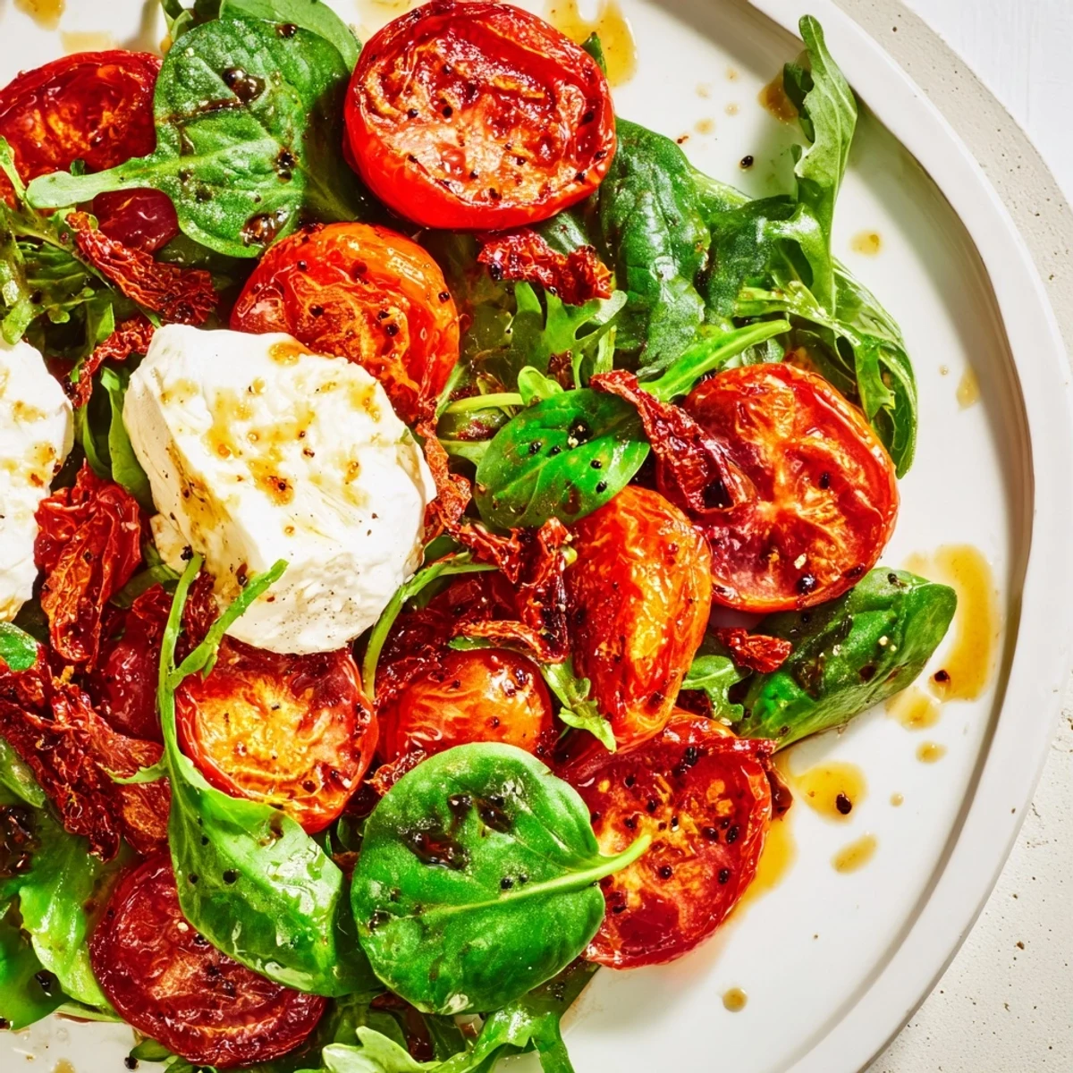 Creamy burrata and basil accent a delicious Tomato Flight Salad, with a drizzle of balsamic glaze.