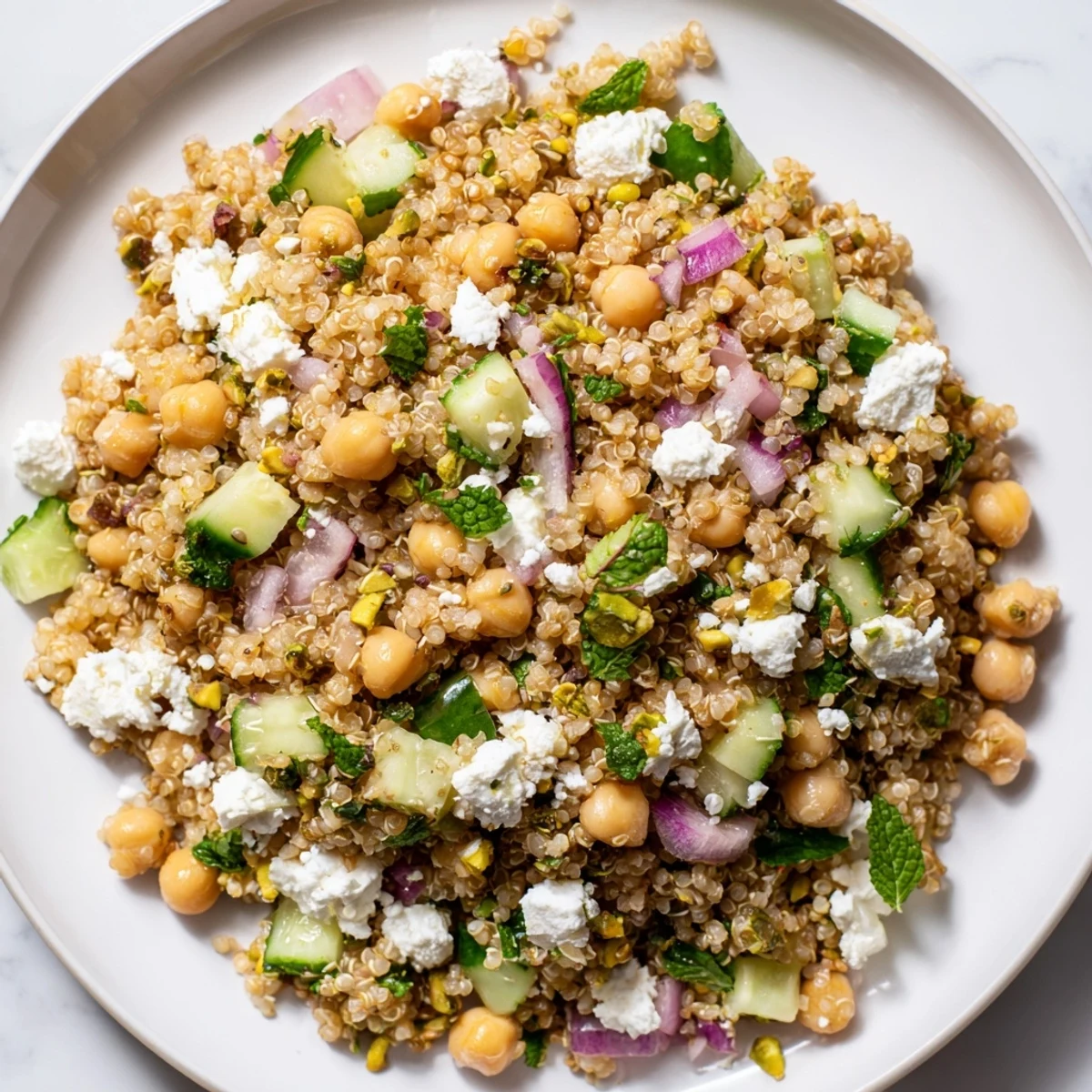 A colorful Jennifer Aniston salad, ready to eat, with bright herbs and creamy feta visible.