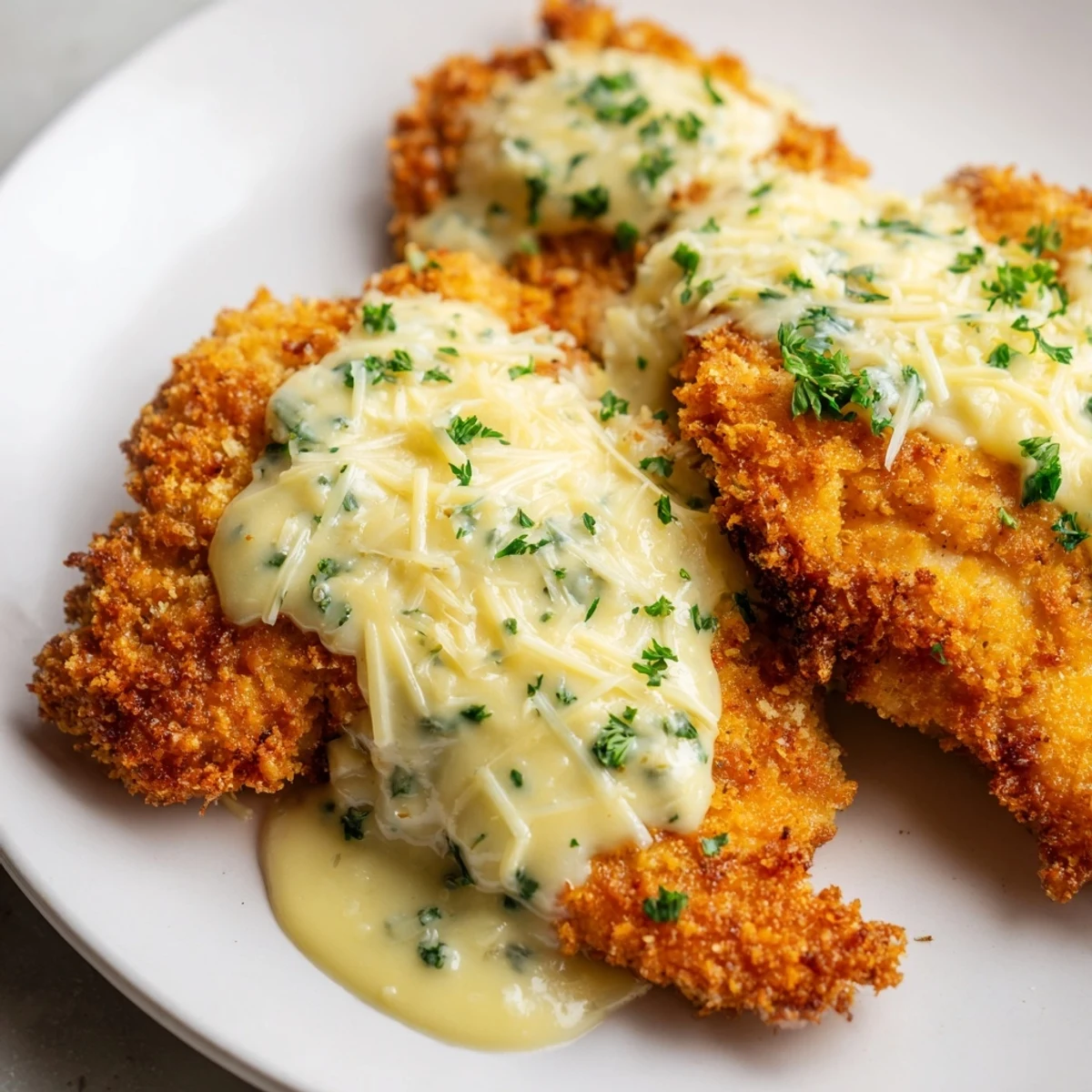 Tender Crispy Chicken with Garlic Cream Sauce; drizzled in creamy, garlicky deliciousness.