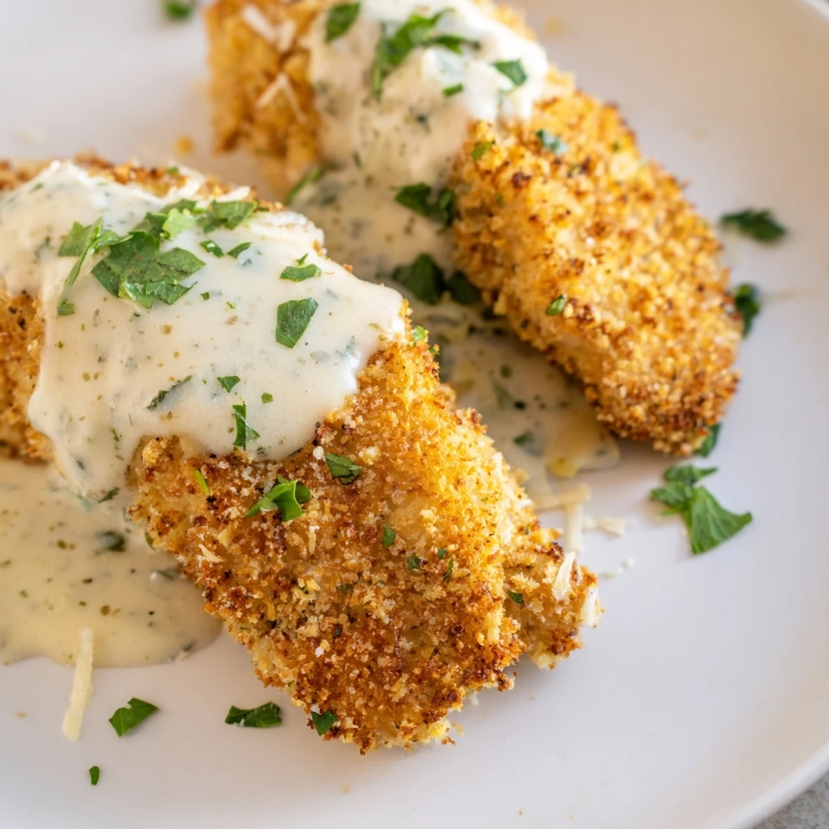 Golden-brown Crispy Chicken with Garlic Cream Sauce, perfectly coated and ready to savor.