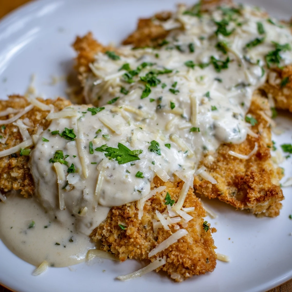 Enjoy a plate of flavorful Crispy Chicken with Garlic Cream Sauce garnished with fresh parsley.
