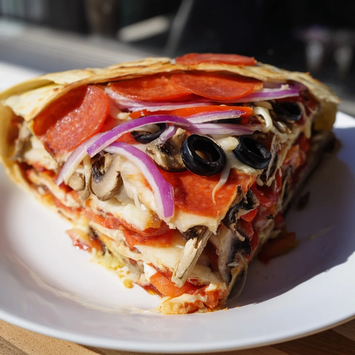 Golden-brown Tortilla Pizza Wrap filled with melted cheese, pepperoni, and a rich, savory sauce.