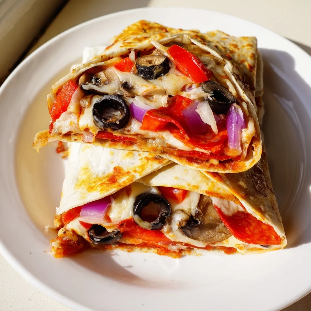 A close-up of a crispy Tortilla Pizza Wrap, showing layers of cheese and vibrant toppings.