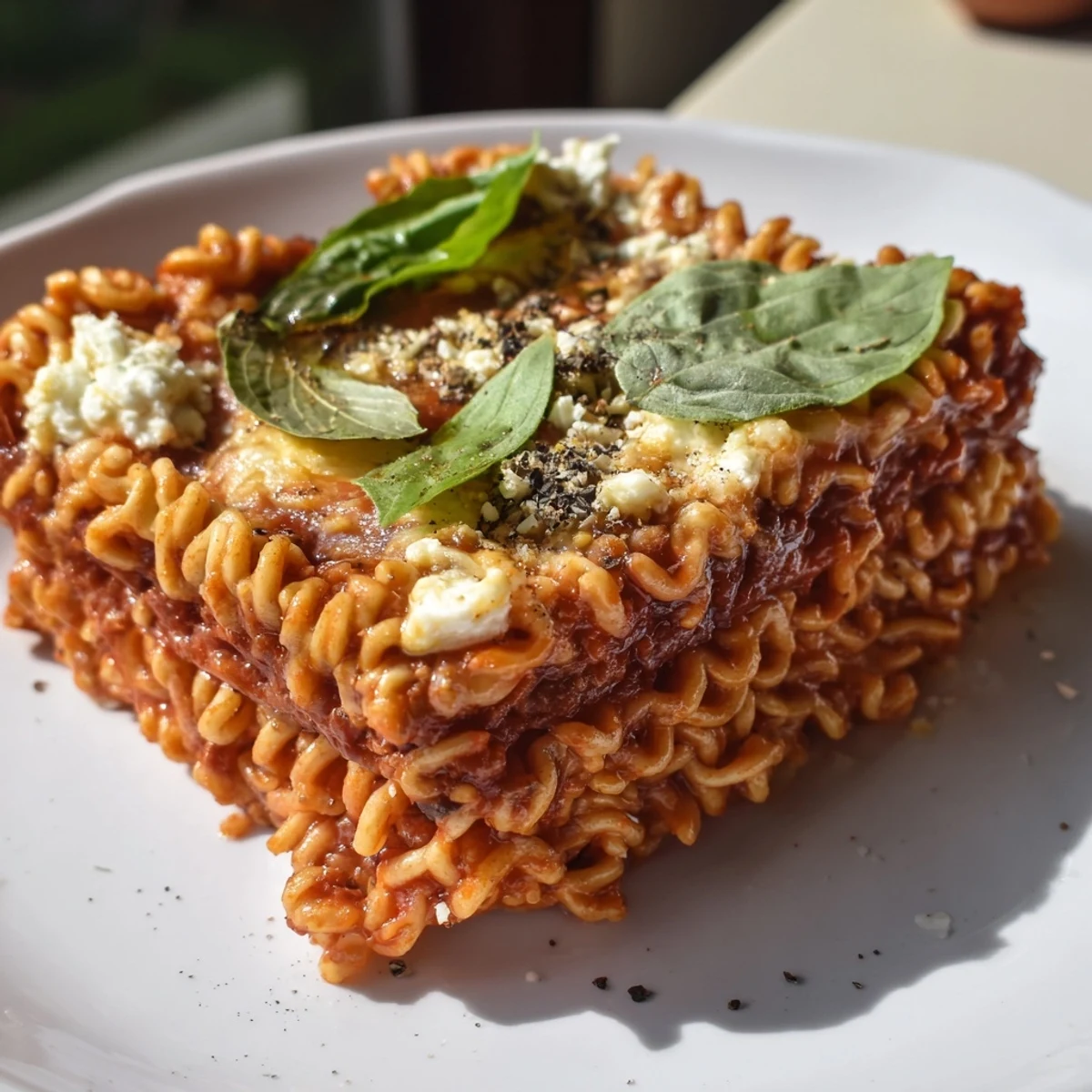Ramen Lasagna bubbling in a baking dish, with melted mozzarella and golden brown cheese on top.