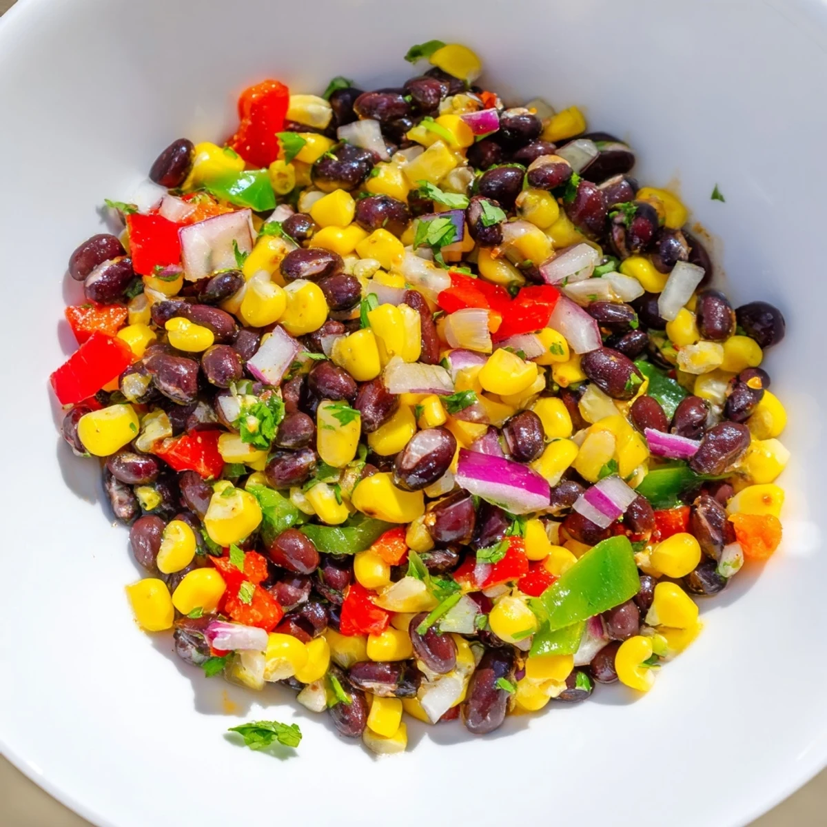 Freshly tossed Cowboy Caviar Salad with crunchy vegetables, a perfect vegan side dish.