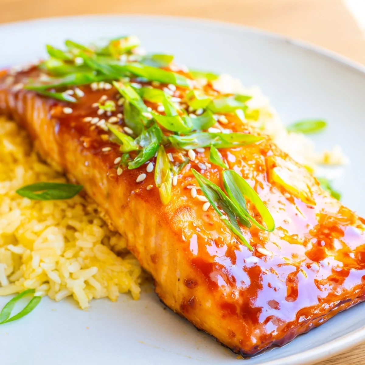 Golden, glistening Sticky Orange Salmon with Rice arranged on a bed of fluffy jasmine rice.