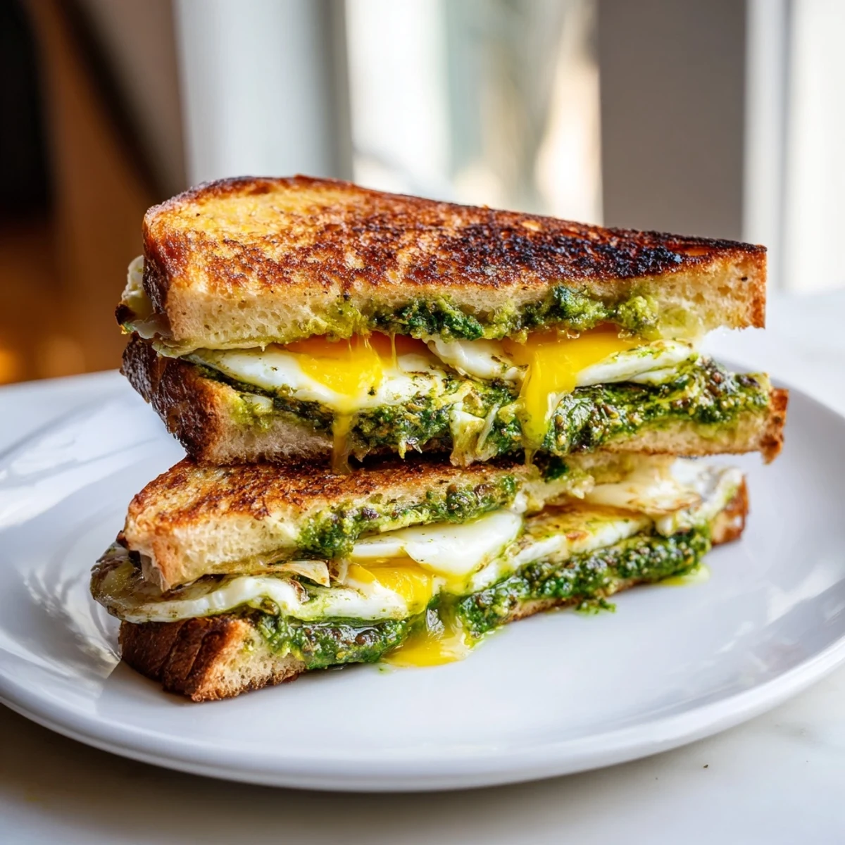 Golden, toasted Pesto Egg Grilled Cheese with ooey-gooey cheese; a comfort food delight.