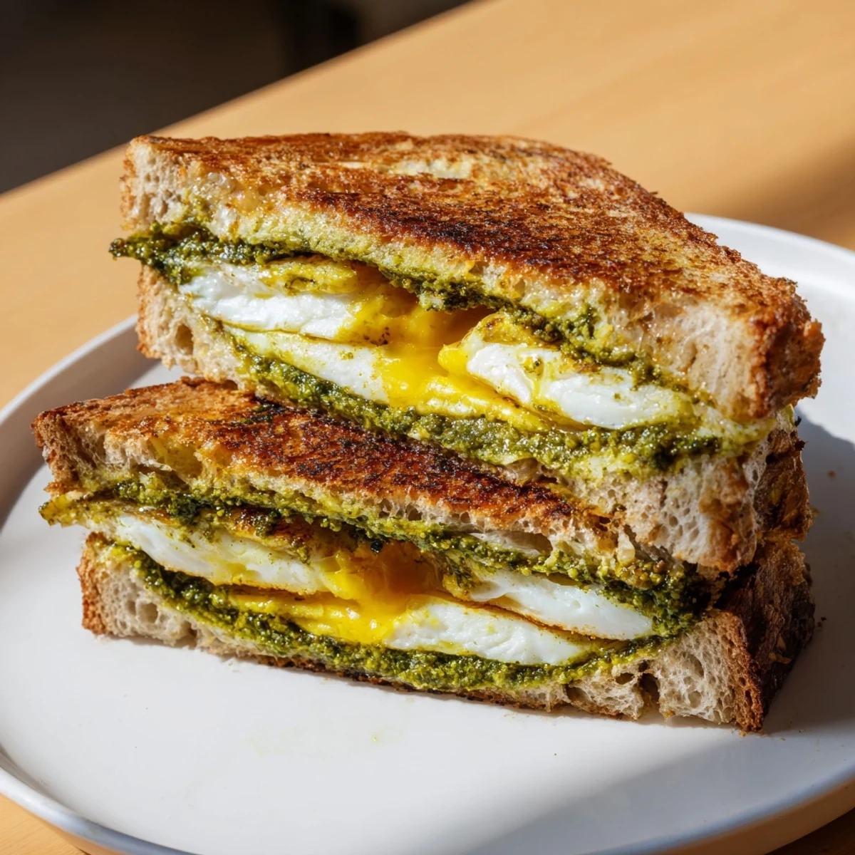 Freshly made Pesto Egg Grilled Cheese: layers of melted cheese with a vibrant basil pesto egg filling.