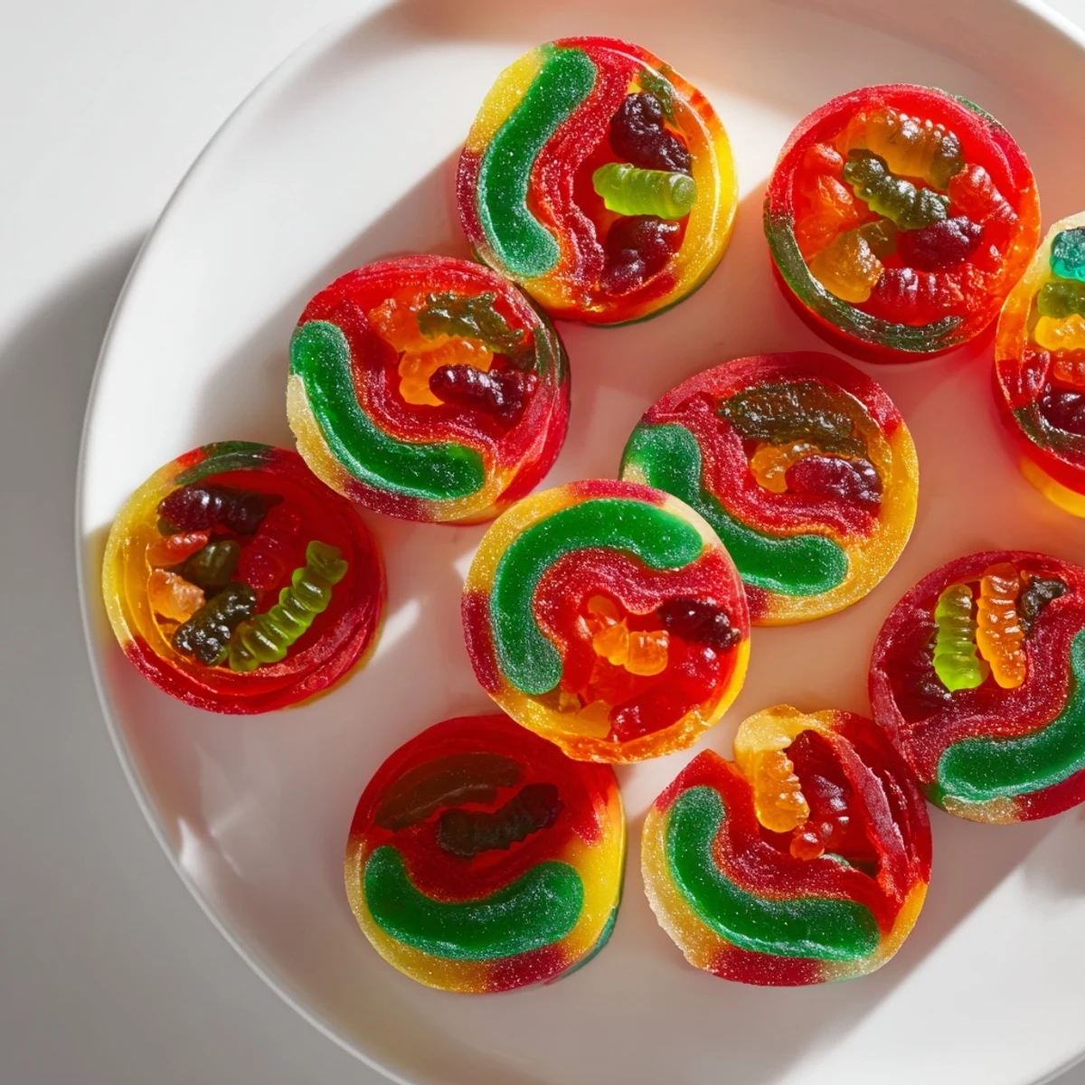 Bright, colorful image of Rainbow Candy Roll Ups, the perfect sweet and chewy party snack.