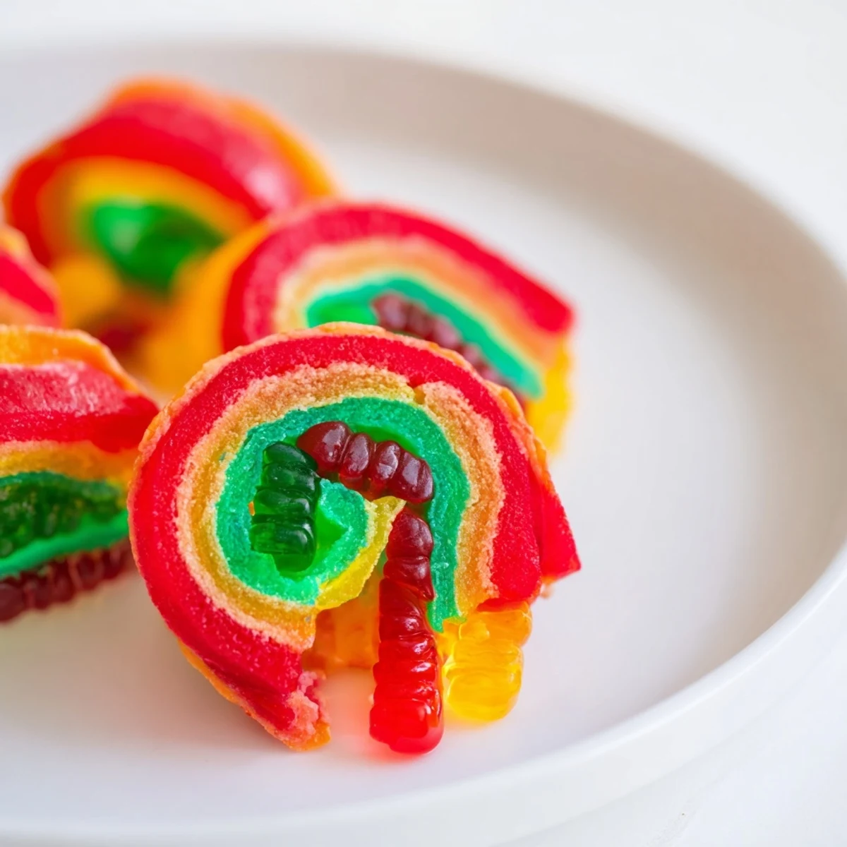Close-up of vibrant Rainbow Candy Roll Ups, showcasing the gummy-filled pinwheel design in vivid detail.