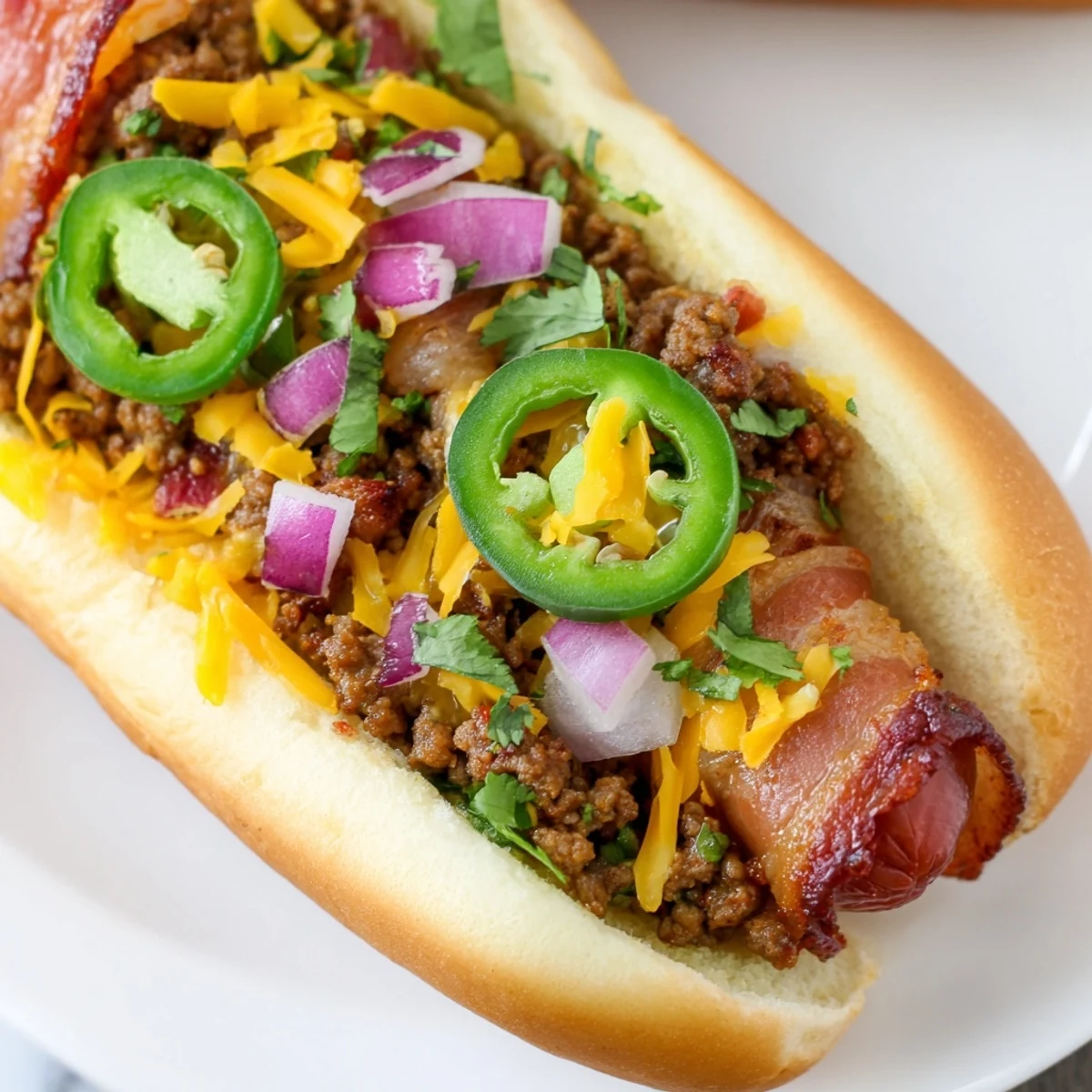 Mexican Hot Dogs sizzling on the grill, wrapped in bacon, with melted cheese and fresh jalapeños.