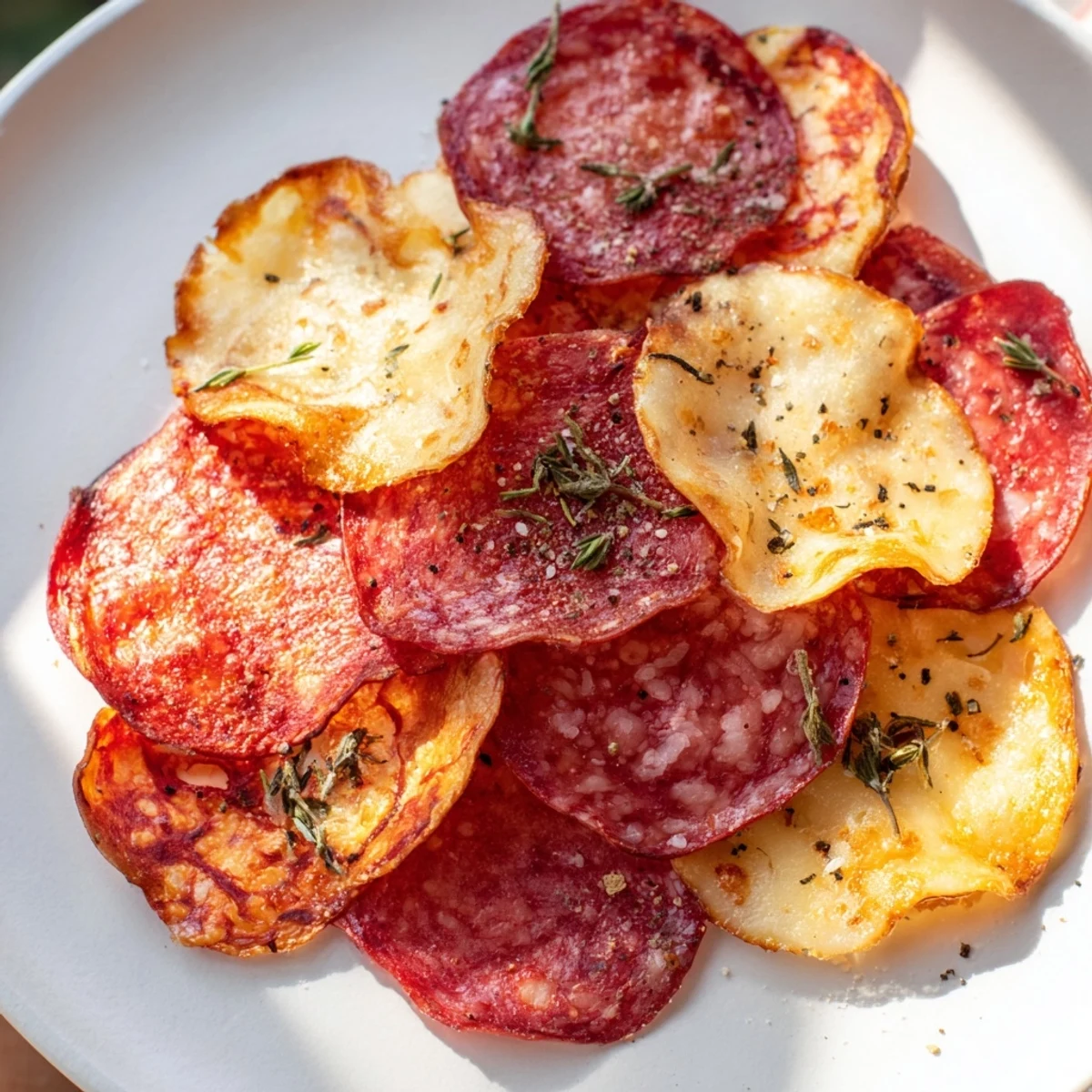 Oven-baked charcuterie chips: a delightful mix of cured meats and melted, bubbly cheese chips.