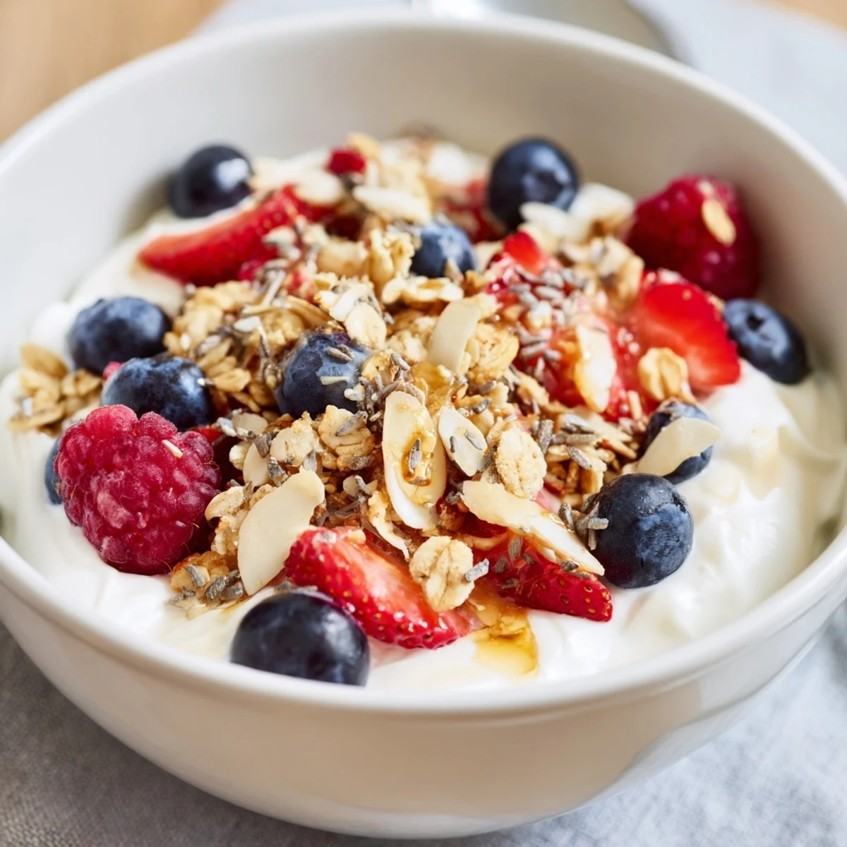 This healthy dry yogurt bowl is layered with creamy yogurt, crunchy granola, and vibrant berries.
