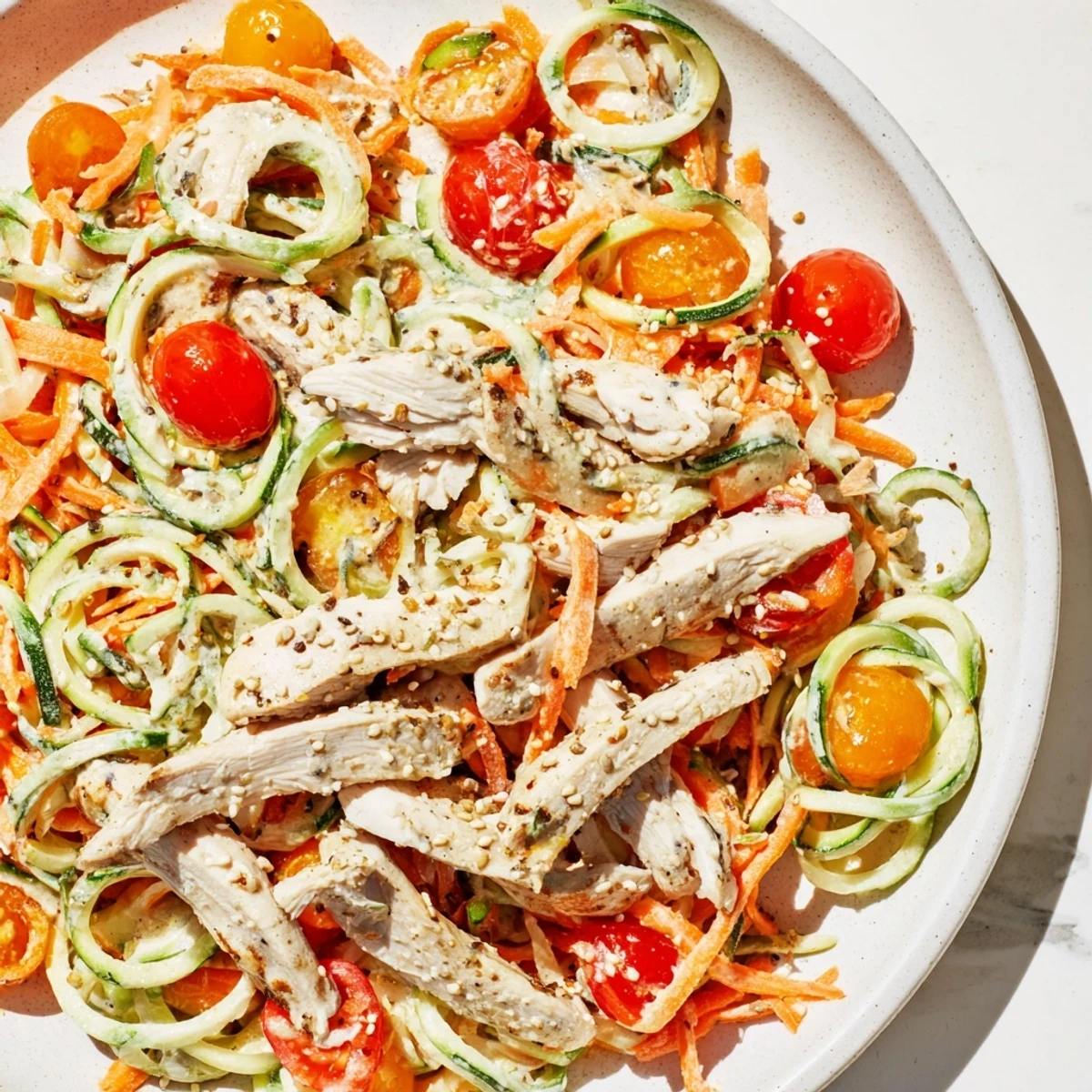 Grilled chicken tops a vibrant Protein Cucumber Salad, drizzled with sesame dressing, ready to enjoy.