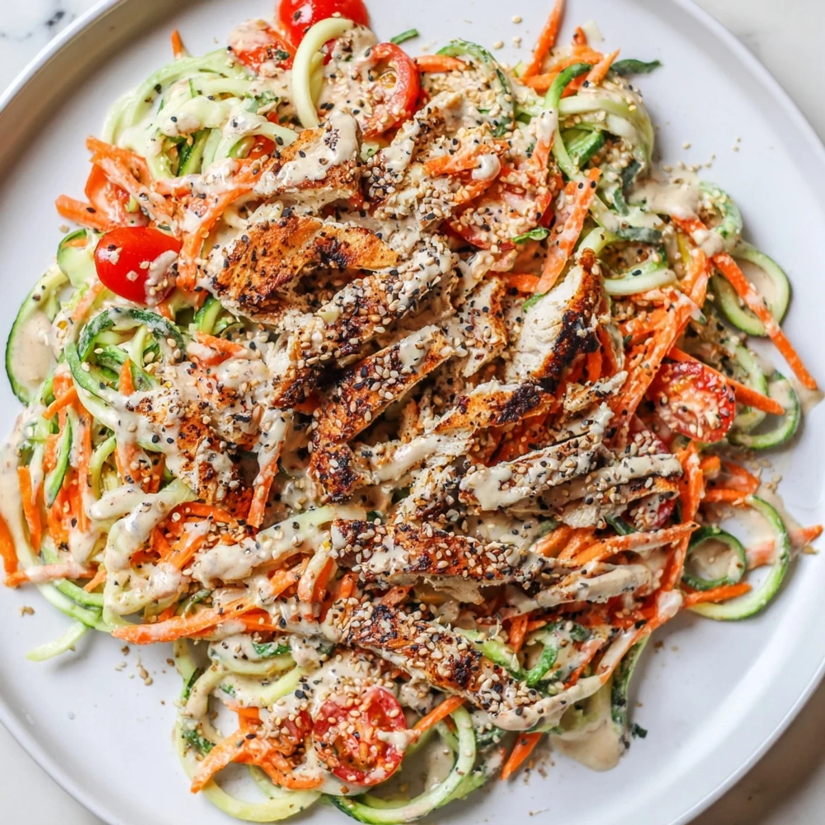 Fresh, zesty Protein Cucumber Salad, featuring spiralized cucumber and succulent grilled chicken, perfect for lunch.