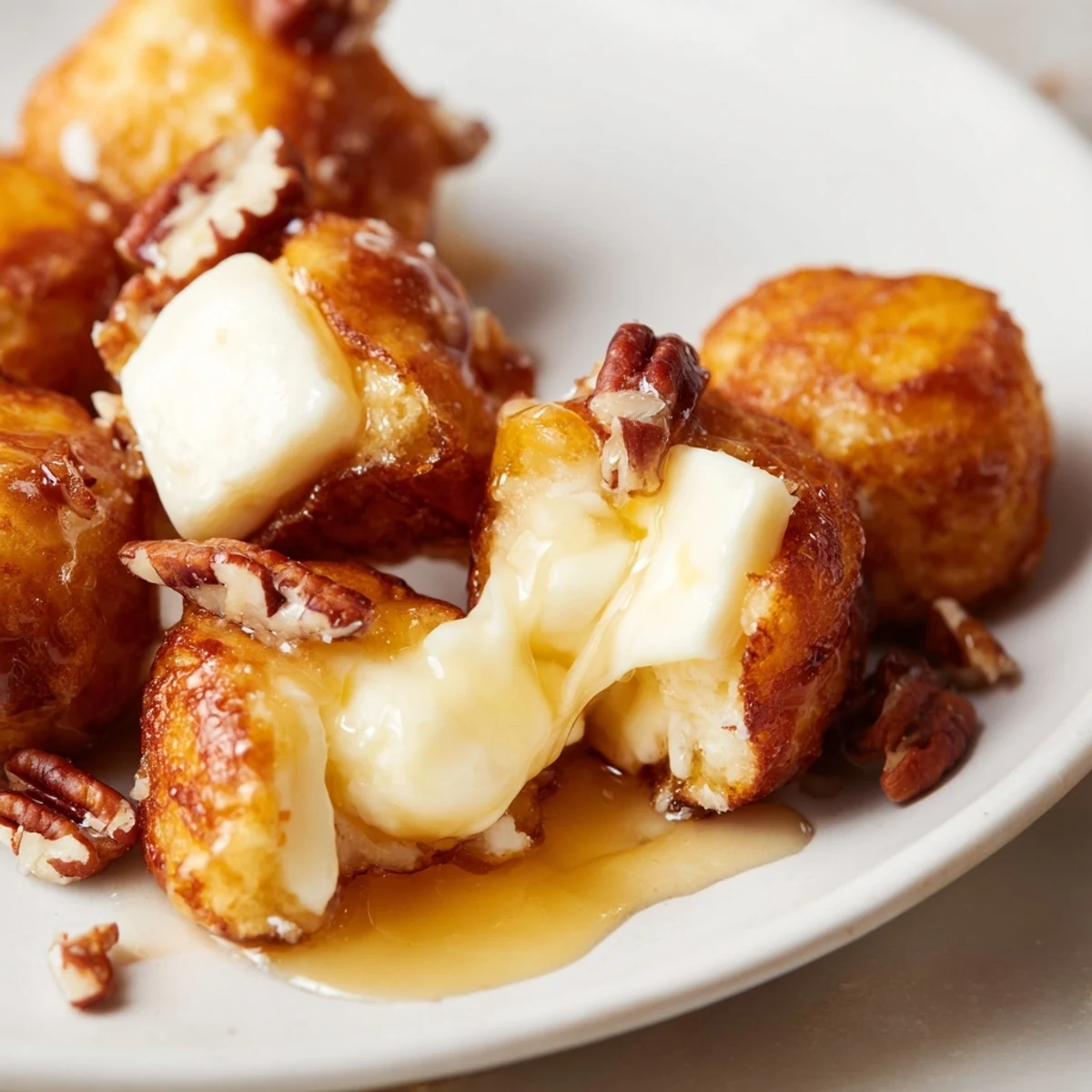 Homemade Pancake Brie Bites, presented drizzling with syrup and scattered pecans, are a perfect party snack idea.