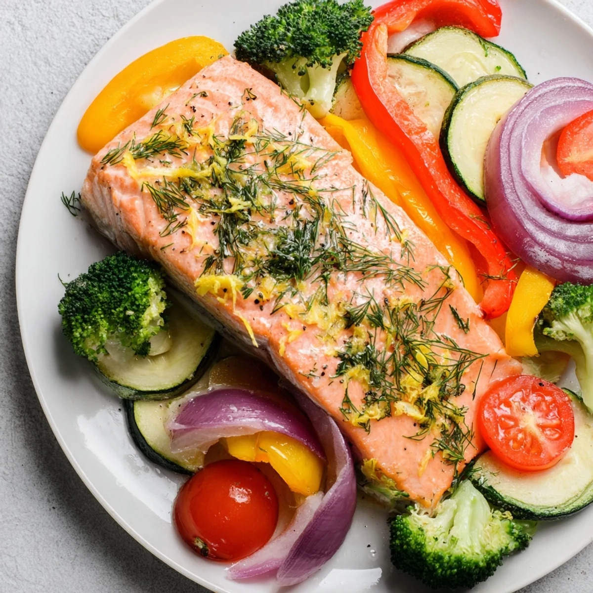 Sheet pan salmon bake with glistening, flaky salmon and roasted vegetables, ready to serve.