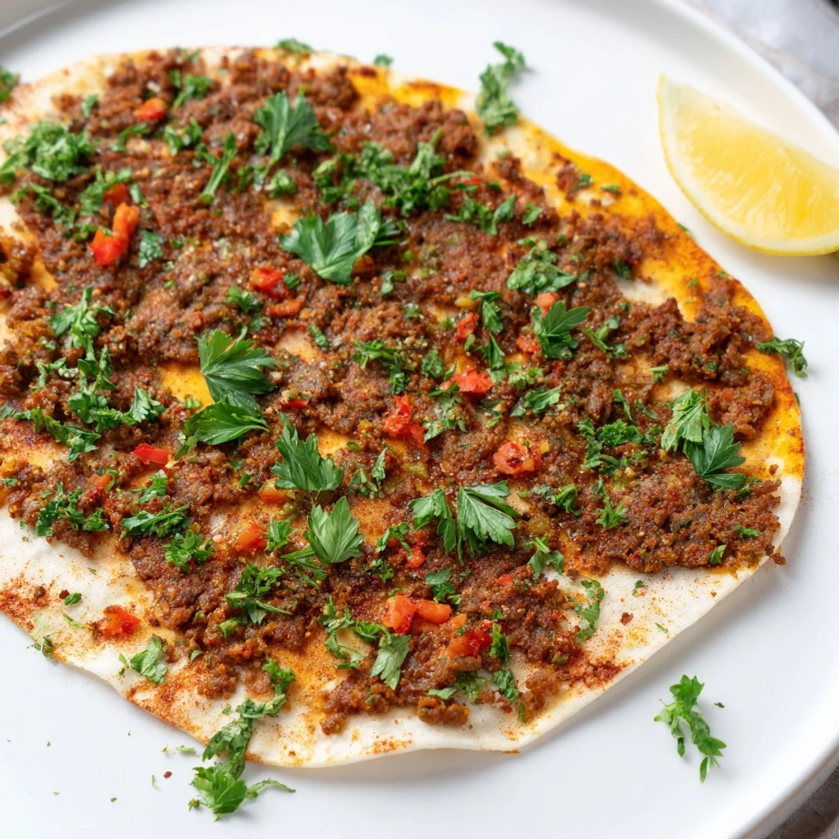 Golden-brown Turkish Lahmacun with a flavorful meat topping, seasoned and ready to eat.