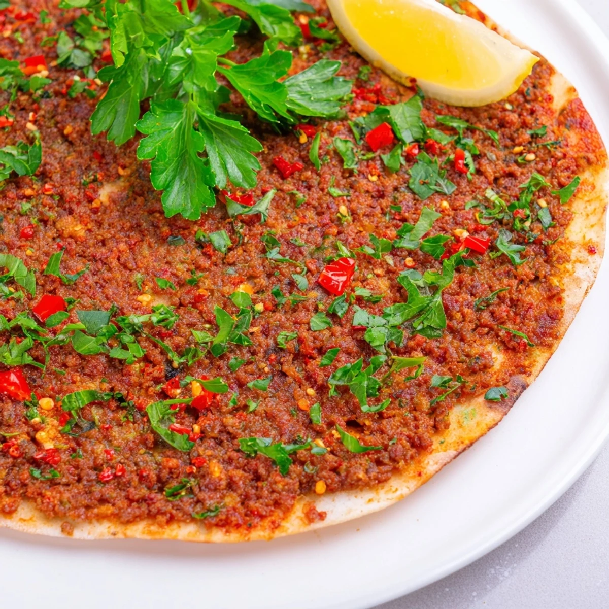 Close-up of crispy-edged Turkish Lahmacun, garnished with fresh herbs and lemon wedges for serving.