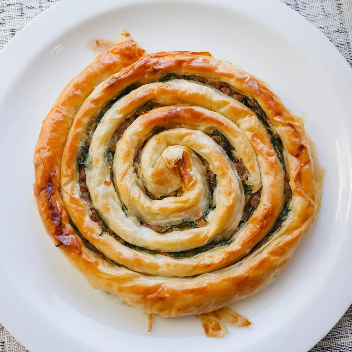 A close-up view of the perfectly browned Bosnian Burek showcases its delicious, layered texture.