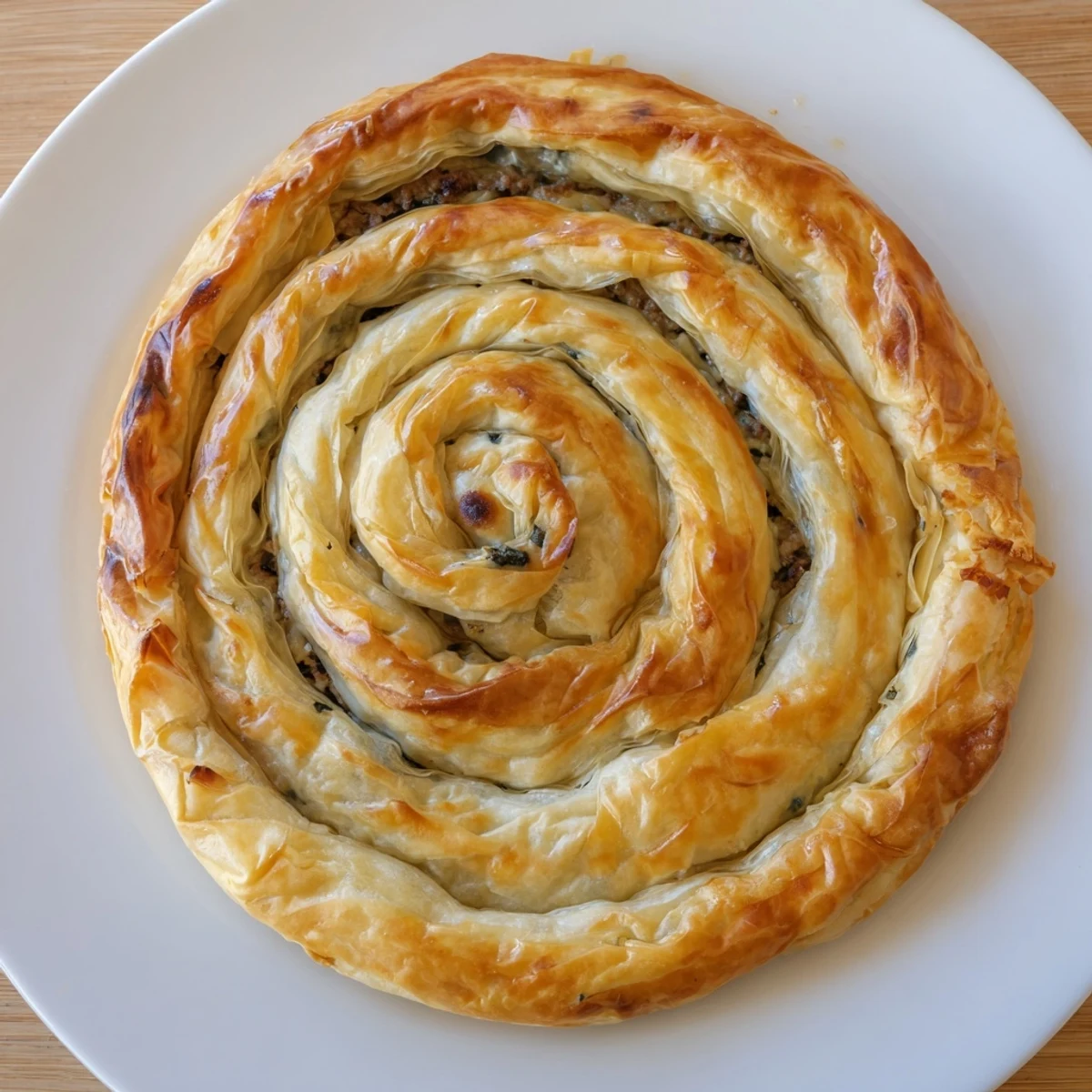 Golden and flaky Bosnian Burek pastry spiral, filled with savory beef and spinach, ready to serve.