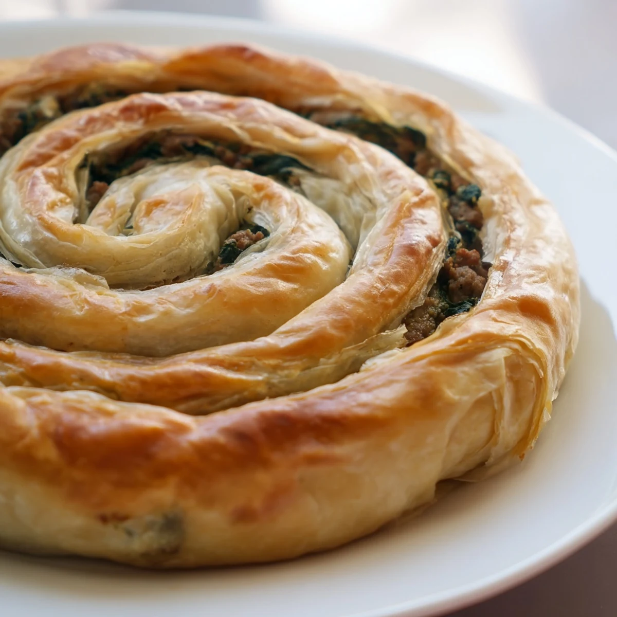 Warm, homemade Bosnian Burek, sliced and steaming, inviting you to enjoy a flavorful Balkan meal.