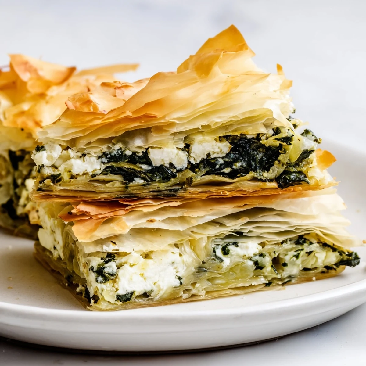 Golden and flaky Greek Spanakopita, bursting with spinach and feta filling, ready to serve.